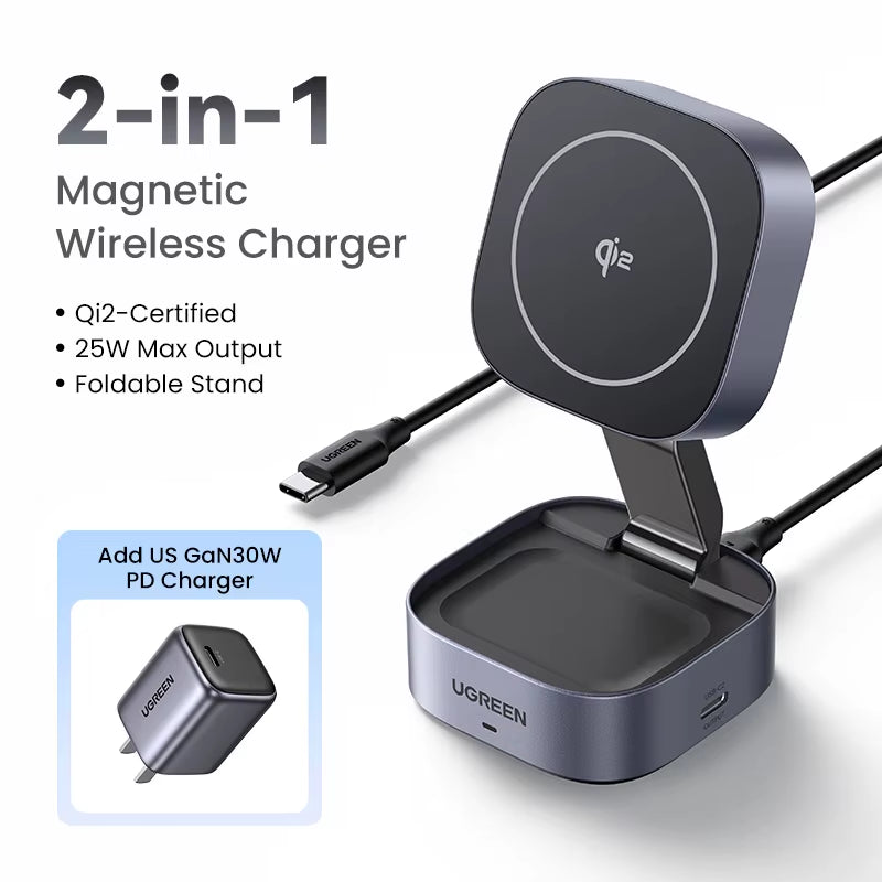 UGREEN Qi2 15W Magnetic Wireless Charger Stand 2-In-1 Charging Stand for Iphone 16 17 Pro Max/Airpods for Magsafe Fast Charger