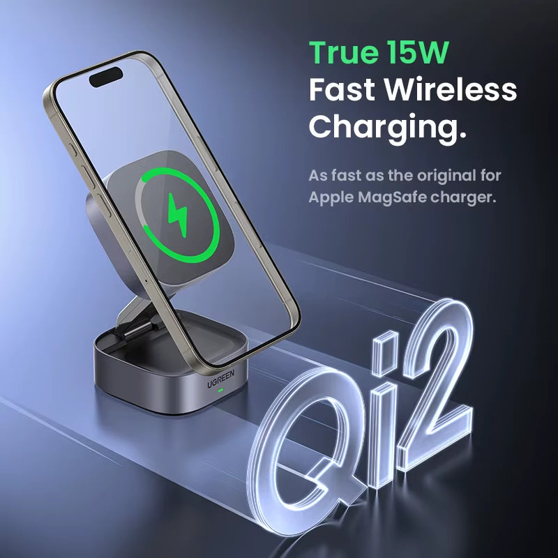 UGREEN Qi2 15W Magnetic Wireless Charger Stand 2-In-1 Charging Stand for Iphone 16 17 Pro Max/Airpods for Magsafe Fast Charger