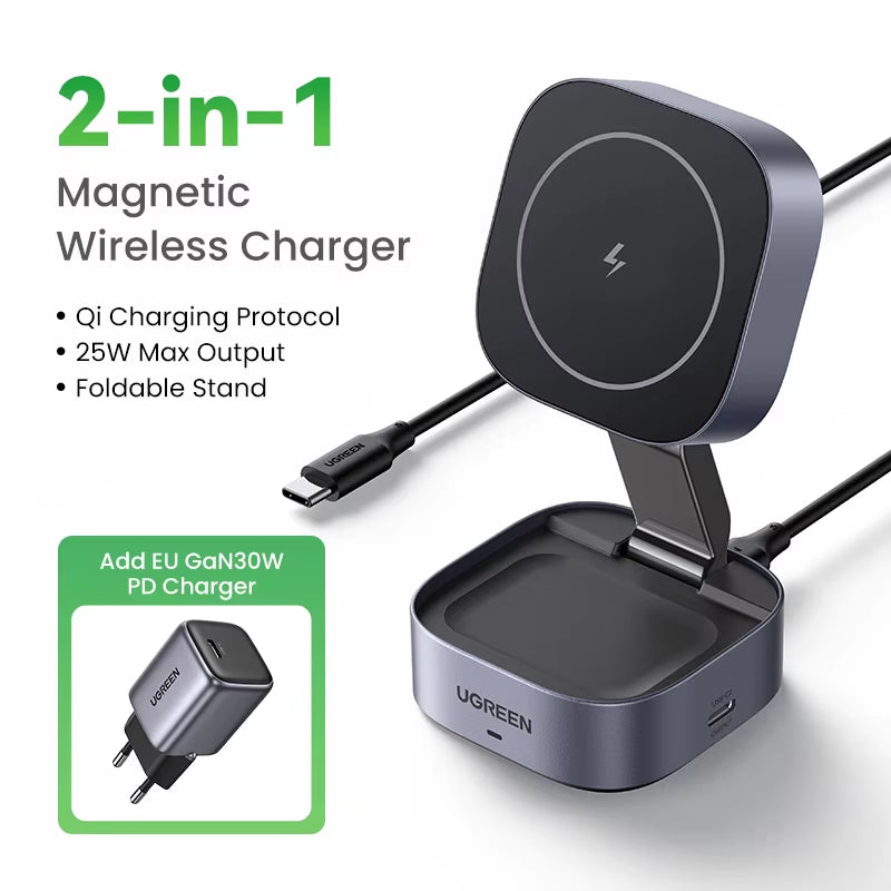 UGREEN Qi2 15W Magnetic Wireless Charger Stand 2-In-1 Charging Stand for Iphone 16 17 Pro Max/Airpods for Magsafe Fast Charger