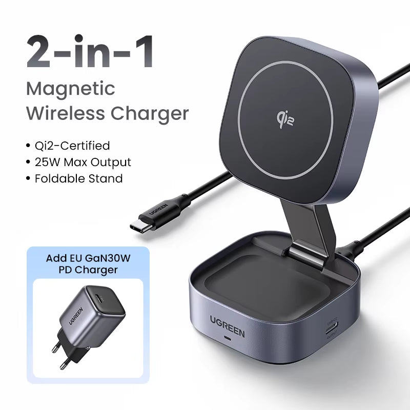 UGREEN Qi2 15W Magnetic Wireless Charger Stand 2-In-1 Charging Stand for Iphone 16 17 Pro Max/Airpods for Magsafe Fast Charger
