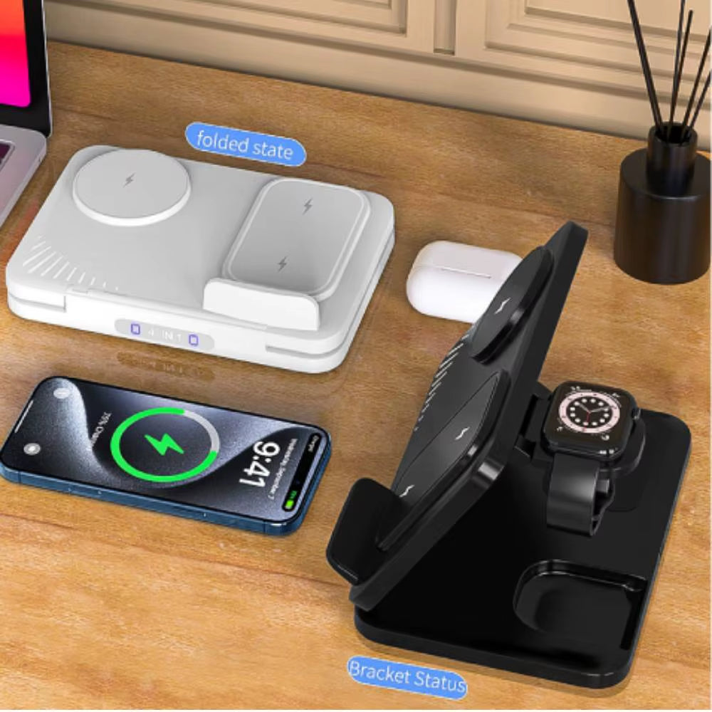 4 in 1 Wireless Charger Stand Pad Foldable Fast Charging Station Dock for Iphone Samsung Phone Iwatch Galaxy Buds Airpods