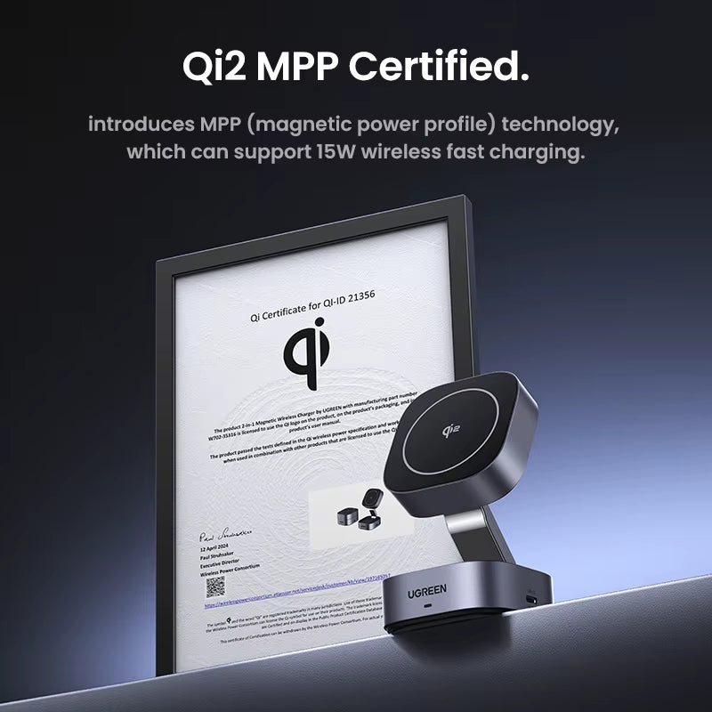 UGREEN Qi2 15W Magnetic Wireless Charger Stand 2-In-1 Charging Stand for Iphone 16 17 Pro Max/Airpods for Magsafe Fast Charger