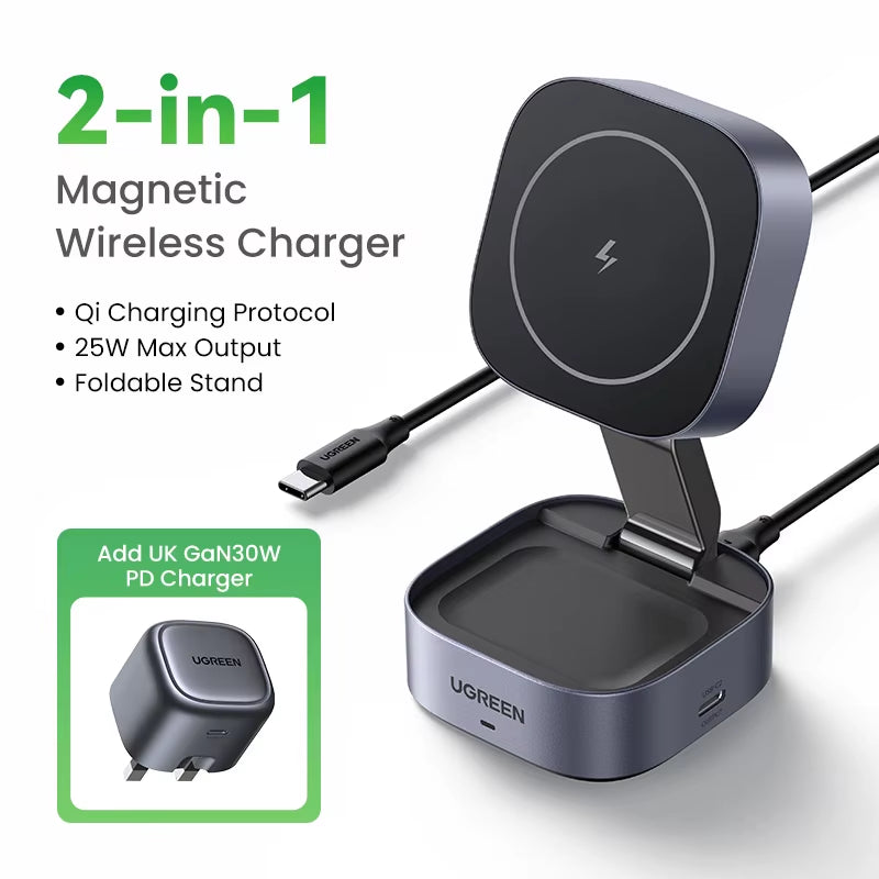 UGREEN Qi2 15W Magnetic Wireless Charger Stand 2-In-1 Charging Stand for Iphone 16 17 Pro Max/Airpods for Magsafe Fast Charger