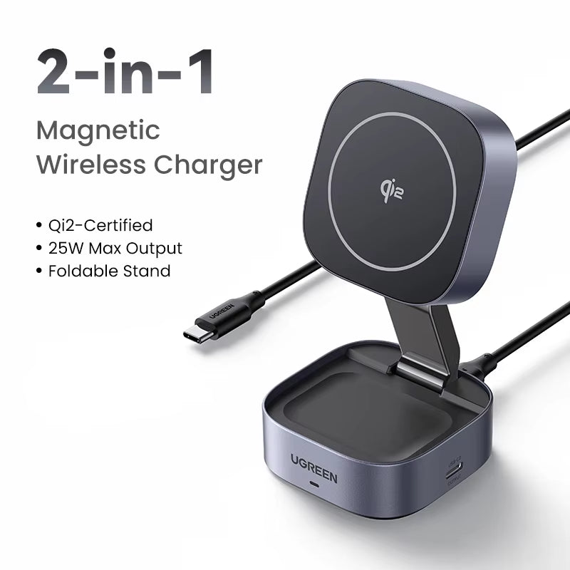 UGREEN Qi2 15W Magnetic Wireless Charger Stand 2-In-1 Charging Stand for Iphone 16 17 Pro Max/Airpods for Magsafe Fast Charger